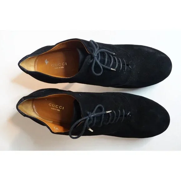 Gucci Black Suede Leather Lace-Up Platform Ankle Booties, Size 42 (EU) 12 (US)